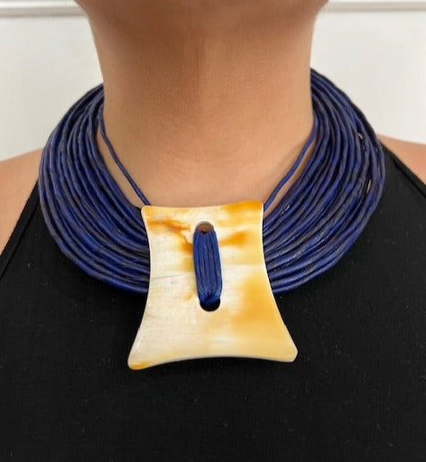 Indigo Blue Multi-StrandLeather Necklace with Horn