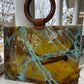 Turquoise and Green Marble Bag with Brown Handles,hand stitched on sides