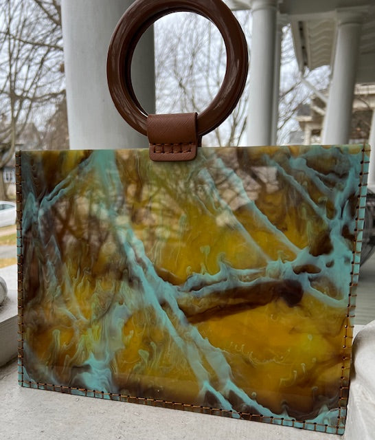 Turquoise and Green Marble Bag with Brown Handles,hand stitched on sides