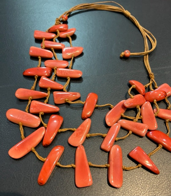 Adjustable Length, Triple Strand Tagua Necklace - Coral