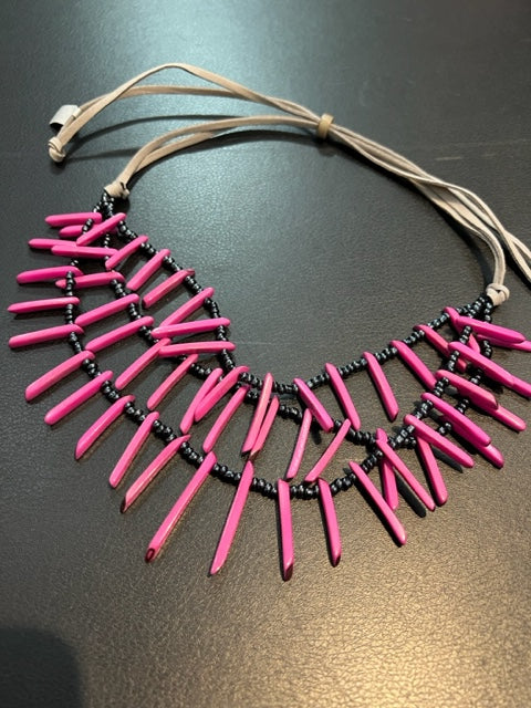 Adjustable Length, Triple Strand Stick Tagua with Beads - Hot Pink