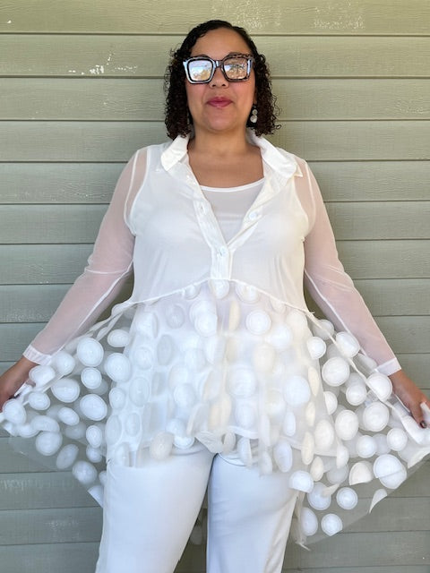 IC Collection Ruffle High and Low Mesh Blouse (White)