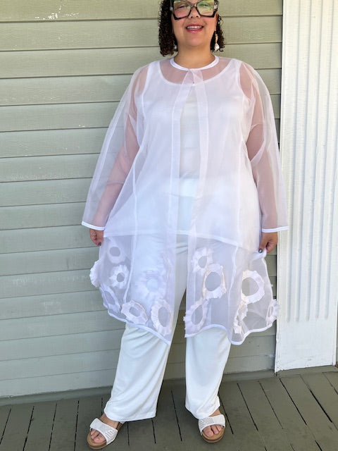 DTH White Silk Organza Jacket with Sunflowers