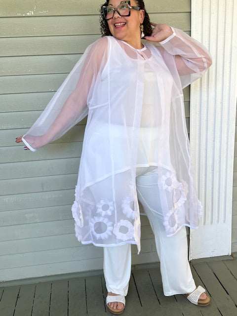DTH White Silk Organza Jacket with Sunflowers