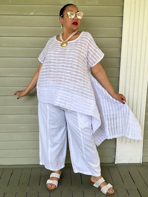 DTH White Pleated Linen Sideways Top