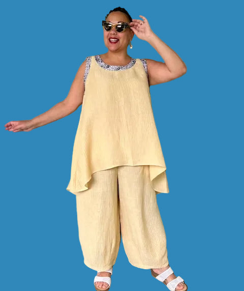 DTH Butter Colored Linen Silk Pleated Hem Pants