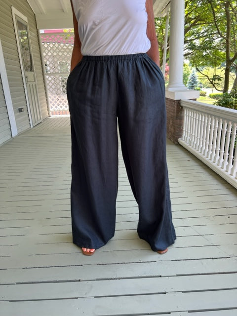 DTH 100% Linen Wide Legged Pants - Navy Blue