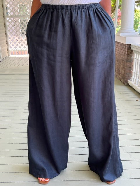 DTH 100% Linen Wide Legged Pants - Navy Blue