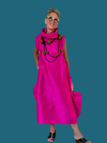 DTH Hot Pink Cowl Neck Dress in Silk Dupioni