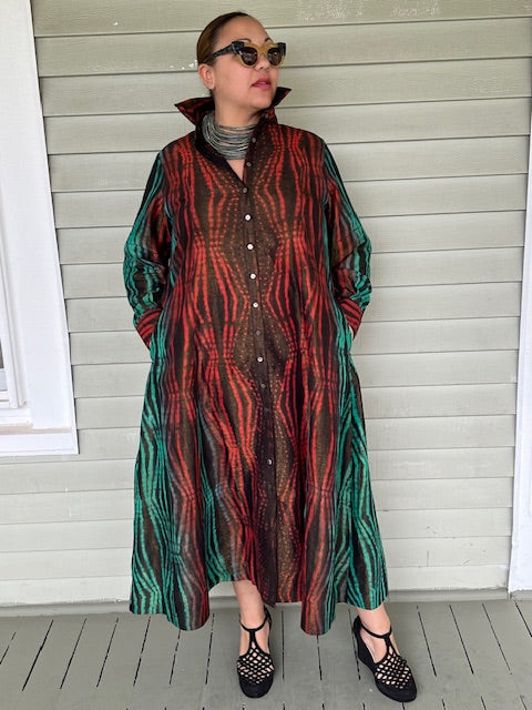 Long Button Down Dress -Red/Green