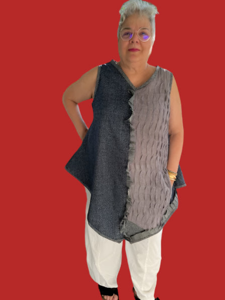 DTH 100% Japanese Linen Front Ruffle Top
