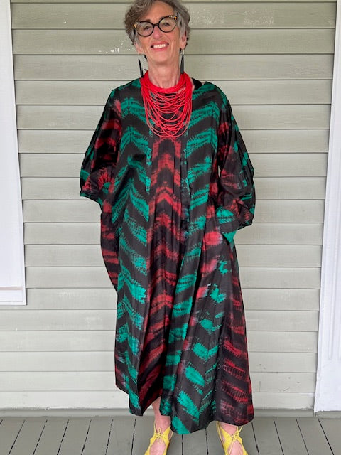 Silk Pleated Dress in Red, Black and Green