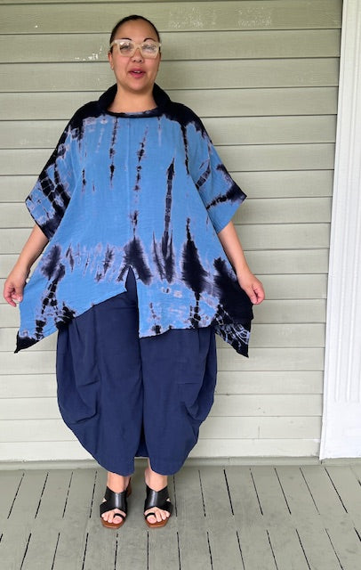 Gerties Tie Dye Asymmetrical Top (Blue Water)