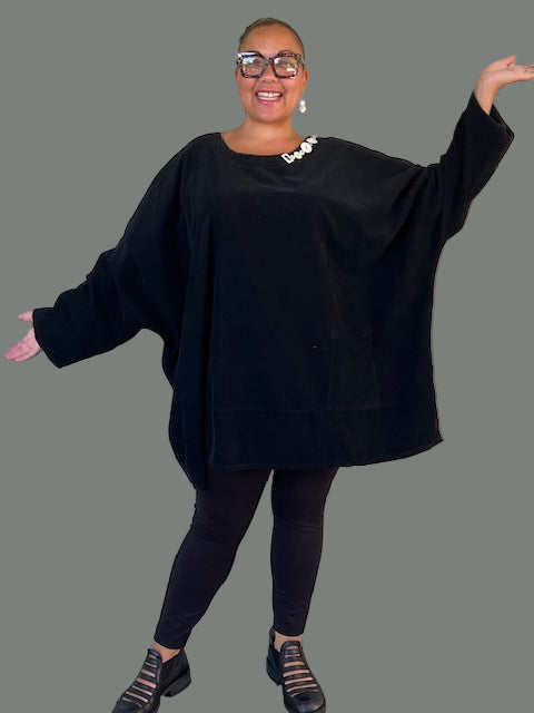 Oversized Black Corduroy Top with Pocket & Antique Button Embellishment