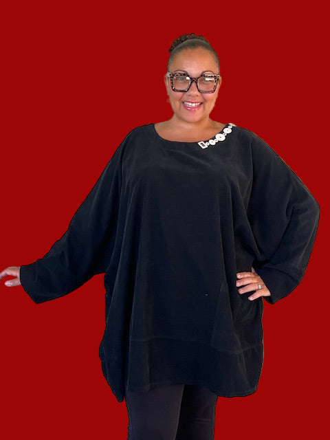 Oversized Black Corduroy Top with Pocket & Antique Button Embellishment