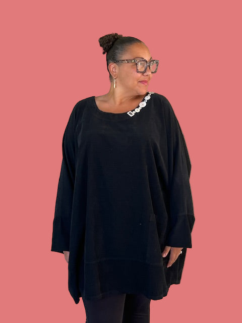 Oversized Black Corduroy Top with Pocket & Antique Button Embellishment