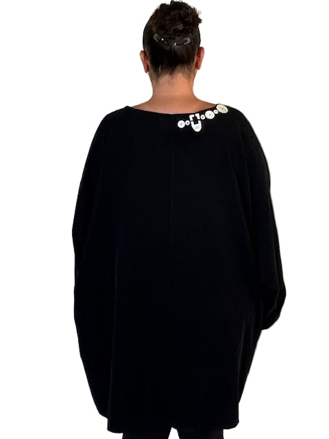 Oversized Black Corduroy Top with Pocket & Antique Button Embellishment