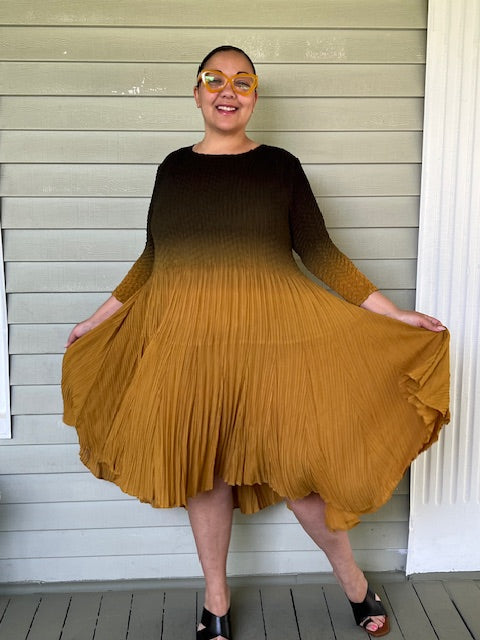 Vanite Couture Pleated Dress in Turmeric