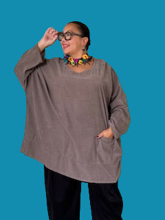 Oversized Corduroy Top with Pocket (Bordeaux, Camel, Denim)