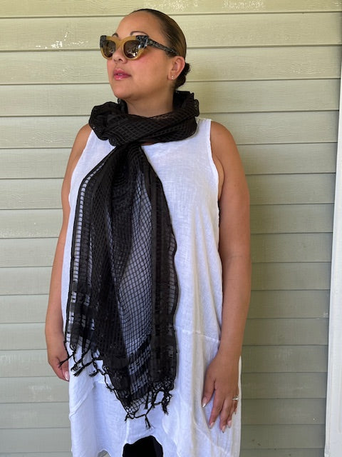 Black Silk Blend Windowpane Scarf