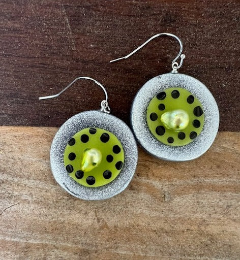 Hanging Silver/Green Discs with Black Dots