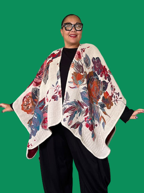 Lacy Reversible Ruana Wrap (Red/Cream)