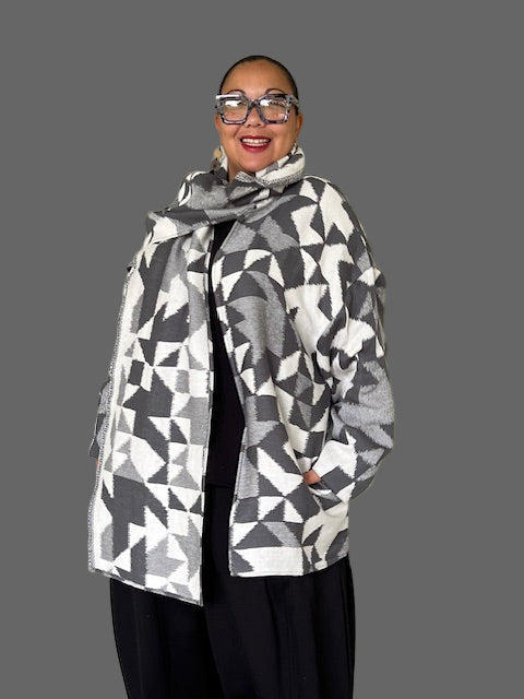 Herring Bone Sweater Jacket Wrap Coat with Scarf