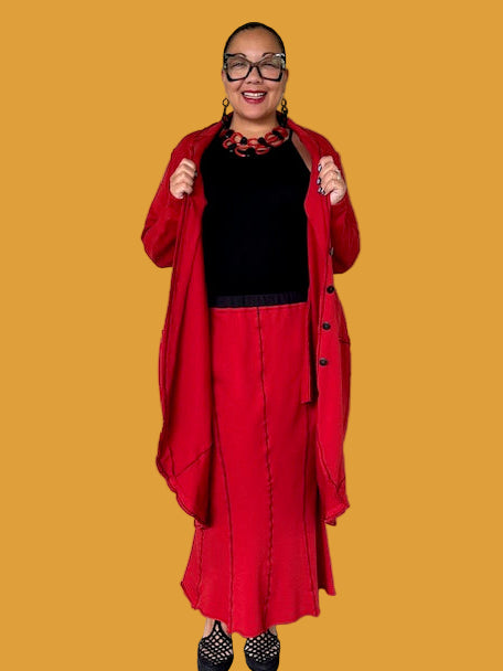 Cheyenne 100% Cotton Ruby Panel Skirt With Black Stitched Detail