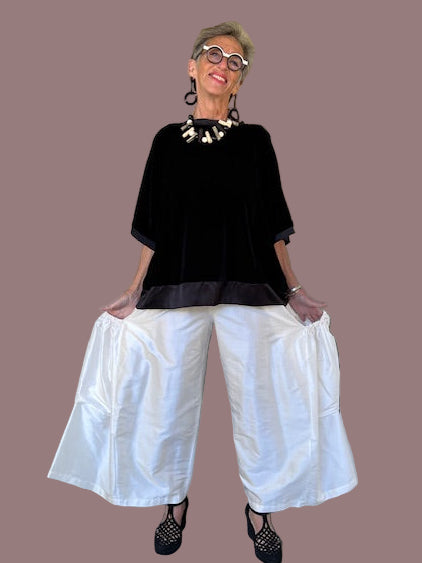 DTH Stretch Velvet Top with  2 inch Silk Trim On Hem