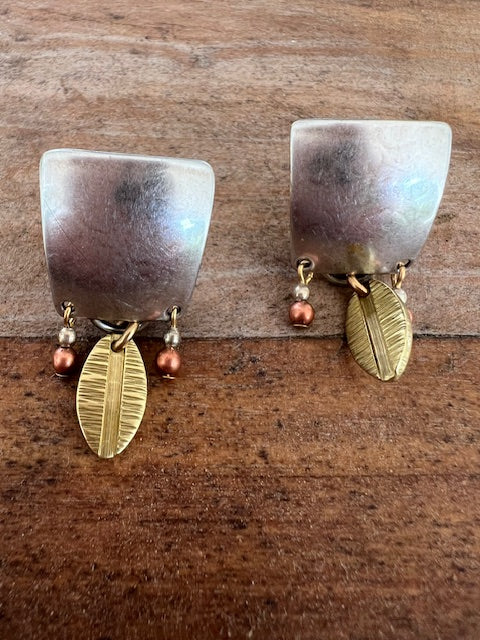 Silver Squares with Brass Leaves and Copper & Brass Beads -  Clip-Ons