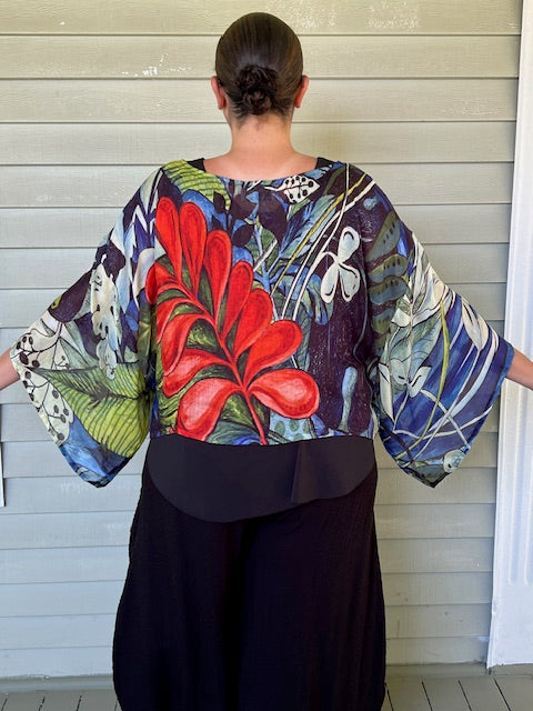 DTH Red Leafy Tropical Print Kimono Top