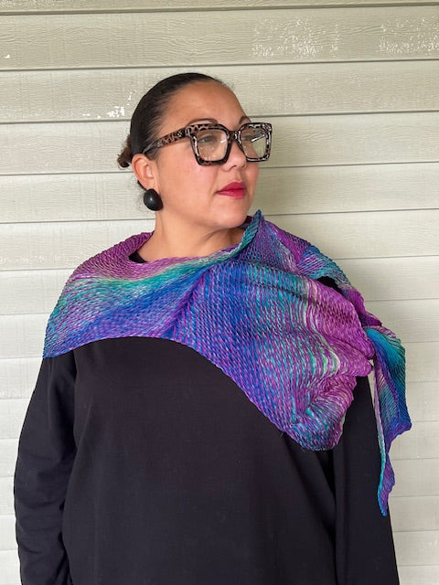 100% Silk Arashi Shibori Scarf -Blue/Greens