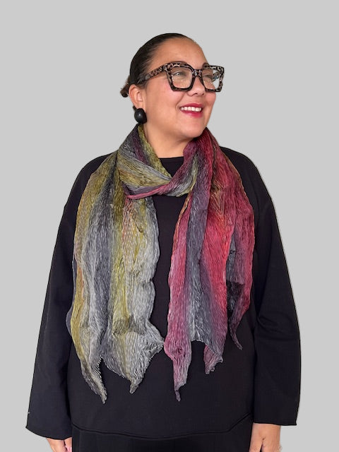 100% Silk Arashi Shibori Scarf -Purples/Yellow