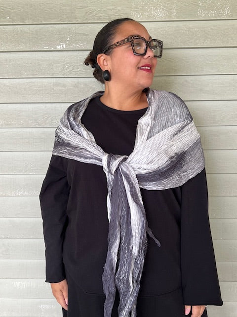 100% Silk Arashi Shibori Scarf - Gray