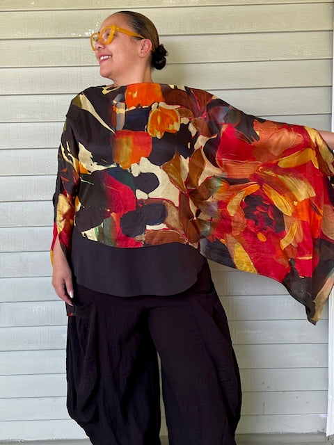 DTH Tissue Silk Abstract Print Kimono Style Top