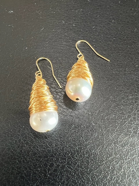 Gold Wire Wrapped Earrings with Pearl