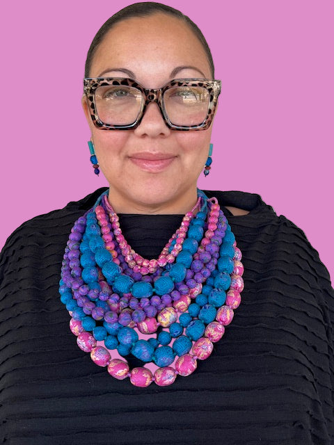 Silk Sari Necklace (Blue/Pink)