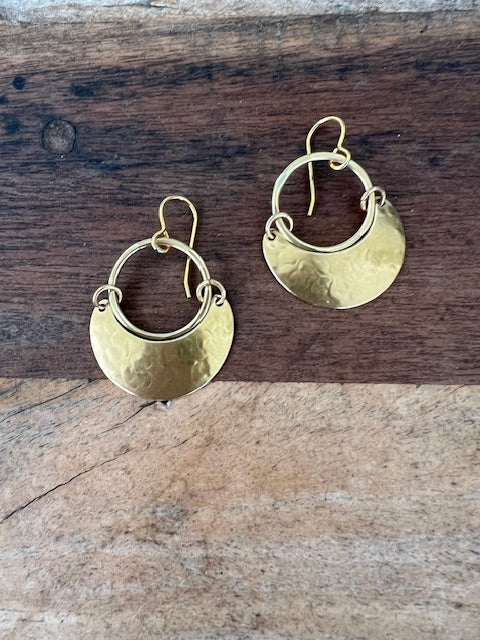 Large Ring with Hinged Crescent Wire Earrings - Brass