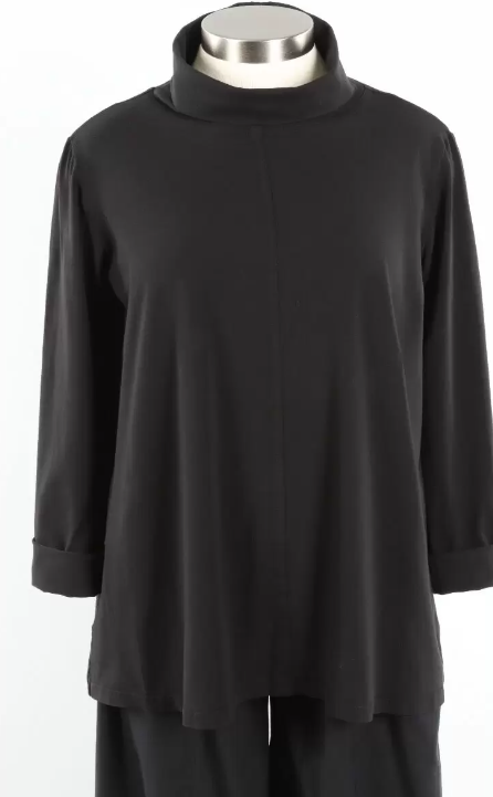 Gerties Long Sleeve Cotton Foldover Turtleneck Top (Black)