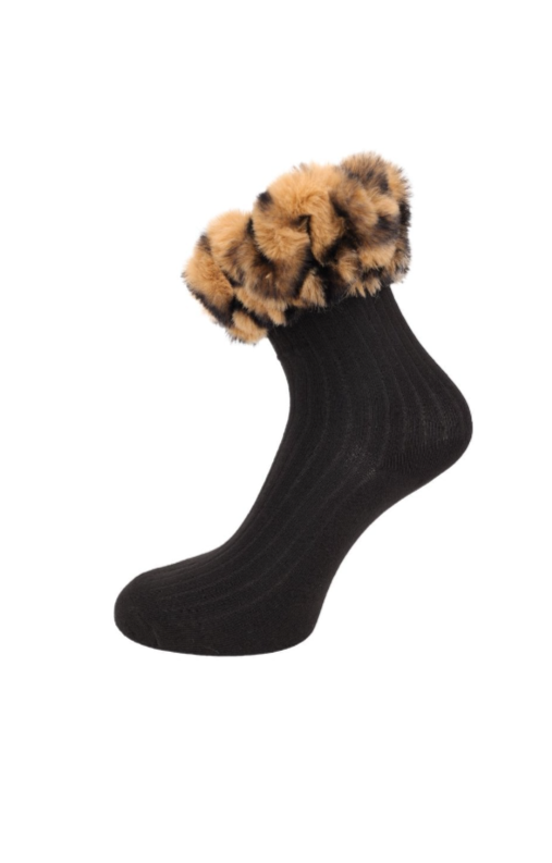 Silk Blend Faux Fur Socks - Black with Animal Print