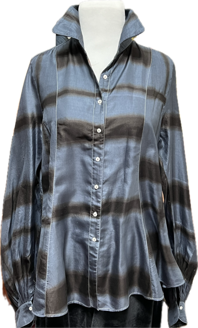 100%Silk Hand Dyed Fitted Shirt (Blue grey with Black )