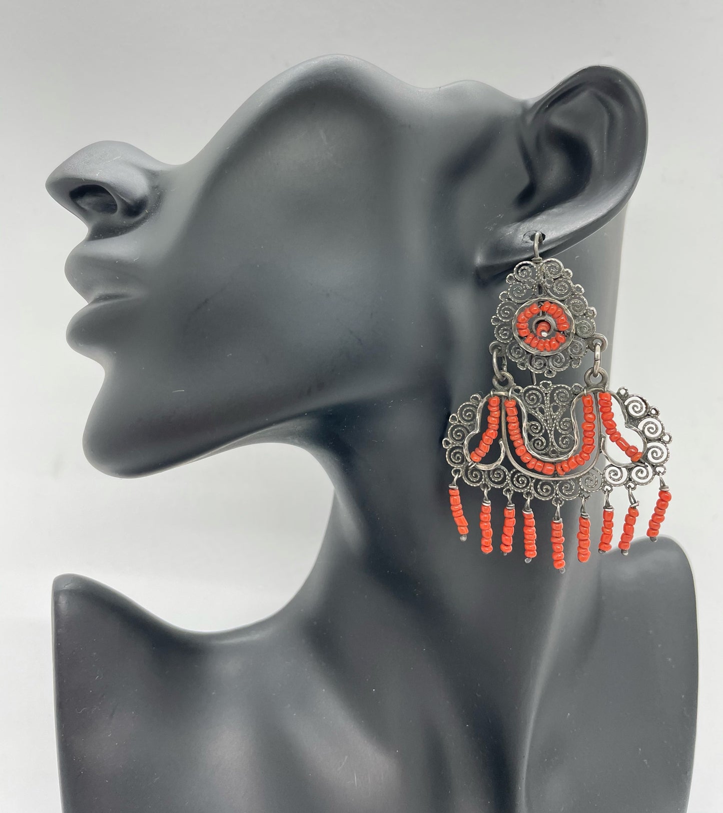 Coral & Sterling Silver Mexican Earrings