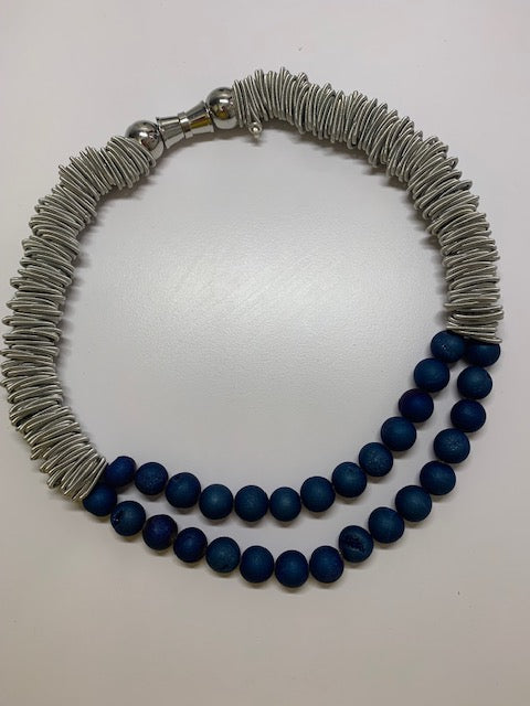Silver Piano Wire Rings Necklace with Blue Geo Beads,