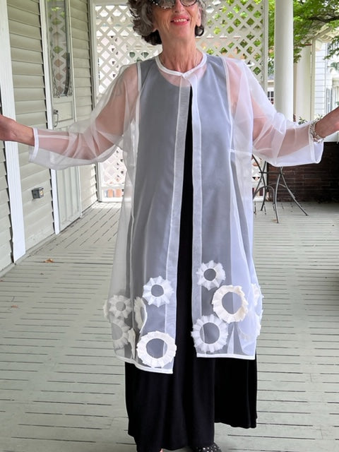 DTH White Silk Organza Jacket with Sunflowers