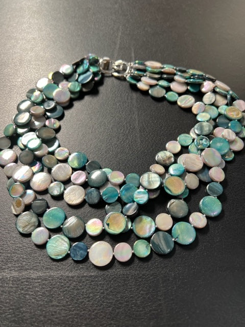 5-Strand Mother of Pearl Necklace (Turquoise, Copper Brown, Pink)