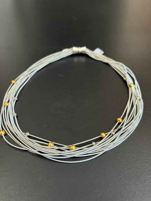 Piano Wire Necklace with Silver and Gold Beads (Bronze or Silver Wire)