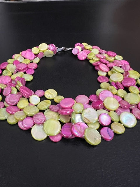 5-Strand Mother of Pearl Necklace (Pink/Green)