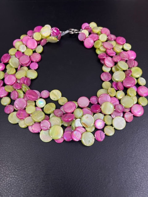 5-Strand Mother of Pearl Necklace (Pink/Green)