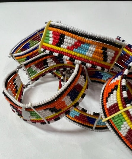 Leather maasai beaded bracelet/cuff with adjustable studs - Ukenia