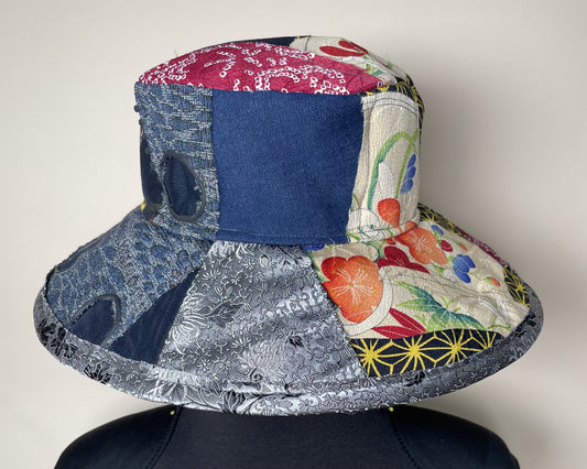 Antique Kimono Patchwork Big Brim Hat